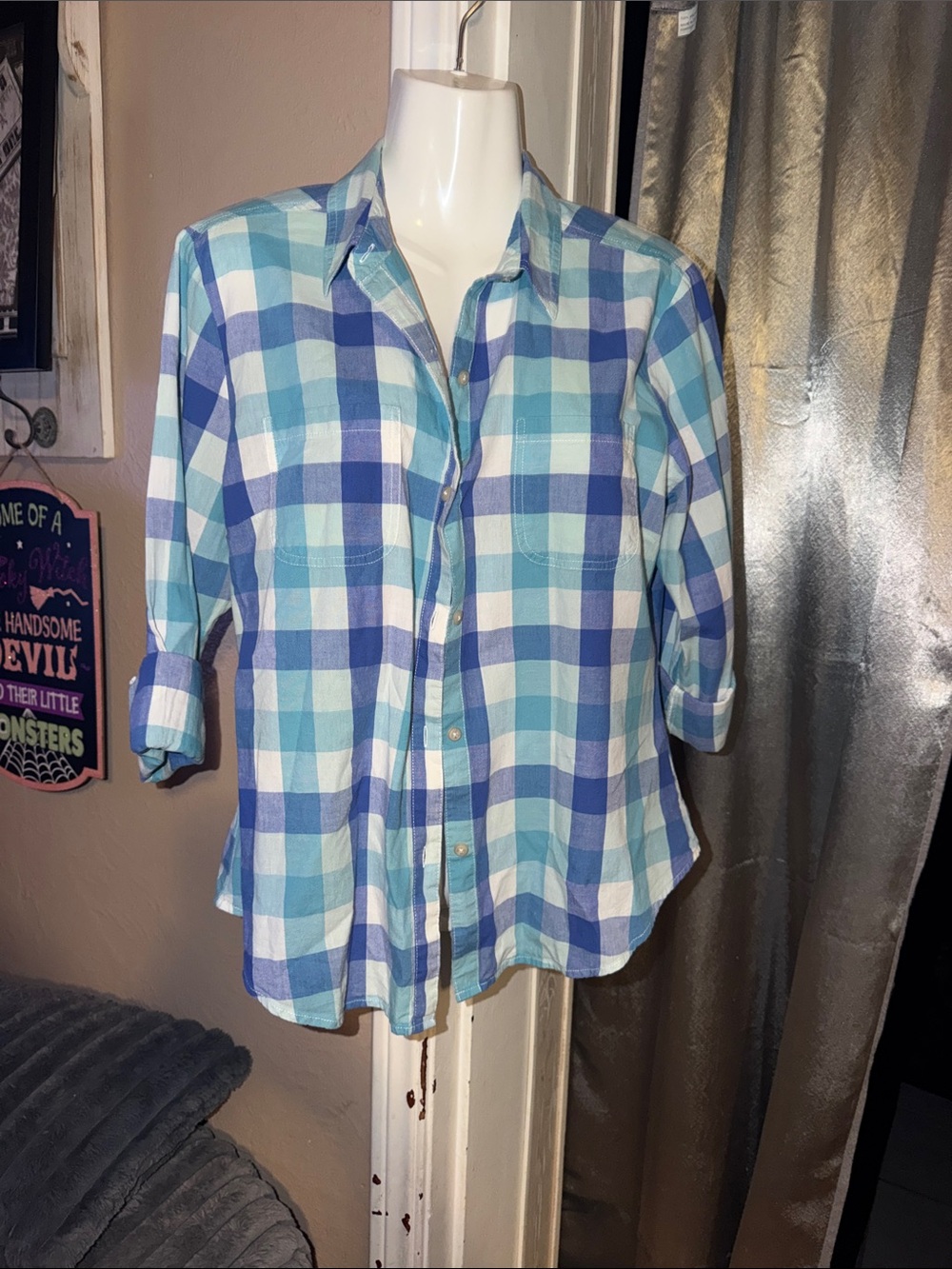 Women's Blue Plaid Like New Riders Button-Front Shirt size medium